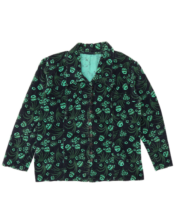Camicetta vintage da donna in velluto a coste UK 14 verde medio floreale
