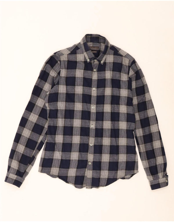 Camicia Zara da uomo slim fit in flanella piccola in cotone a quadri blu navy
