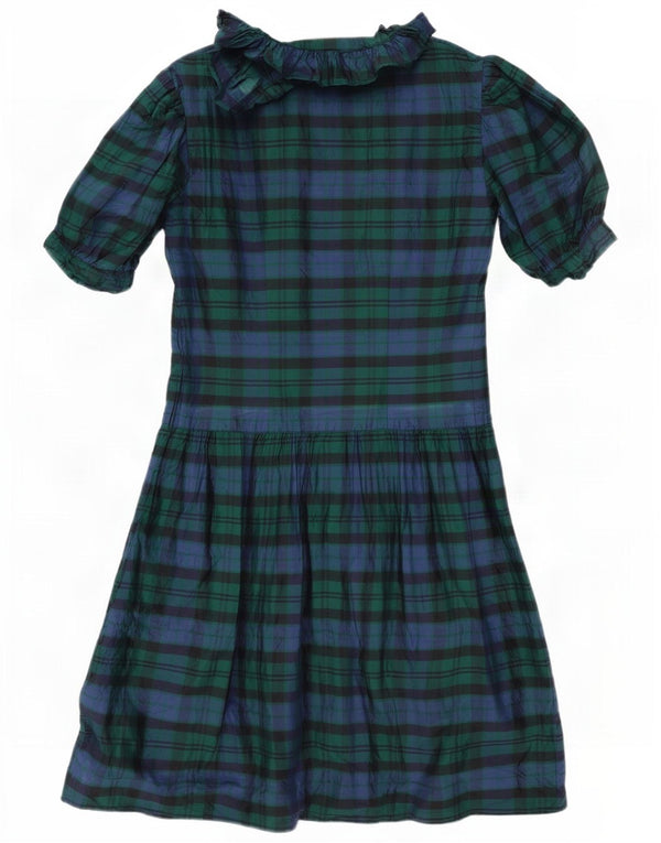 Abito vintage da donna a trapezio con volant sul davanti IT 42 Seta a quadri blu navy medio