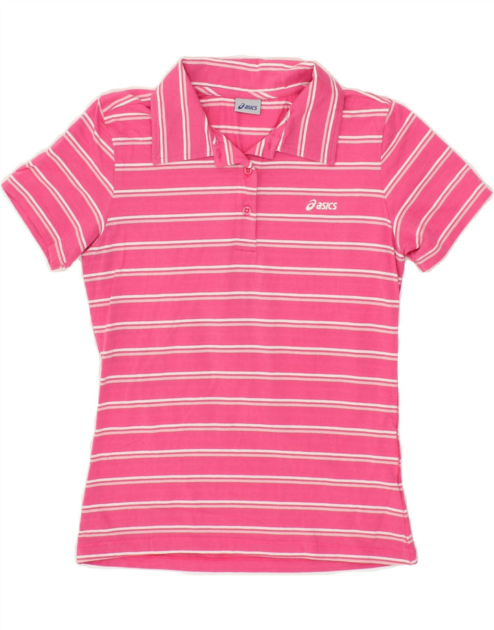 ASICS Womens Polo Shirt UK 12 Medium Pink Striped Vintage Asics and Second-Hand Asics from Messina Hembry 
