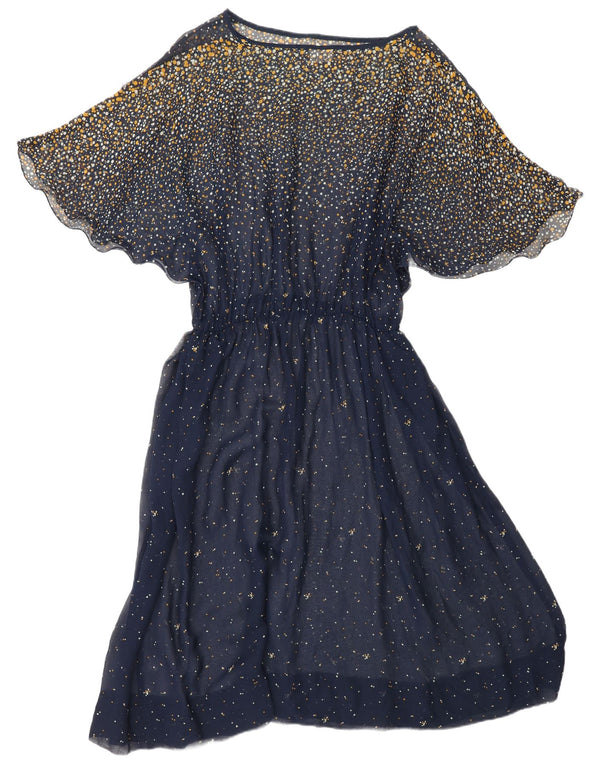 Abito maxi a pipistrello da donna VINTAGE UK 18 XL acetato maculato blu navy