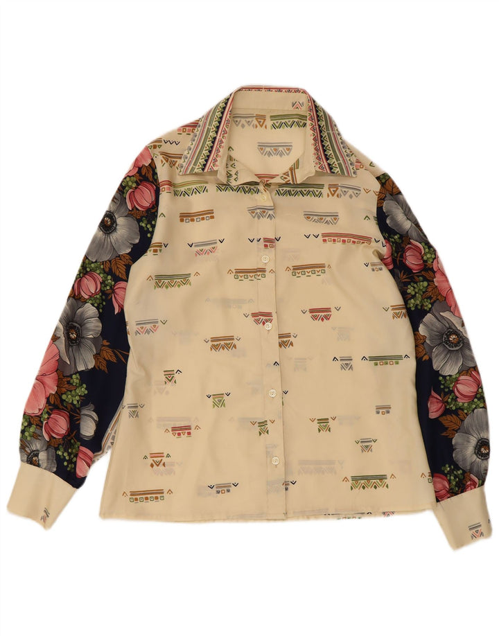 Camicetta camicia vintage da donna UK 12 Beige medio floreale