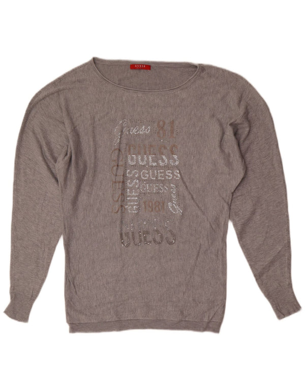 Guess Maglione da donna con scollo a barca con grafica UK 6 XS Viscosa grigia