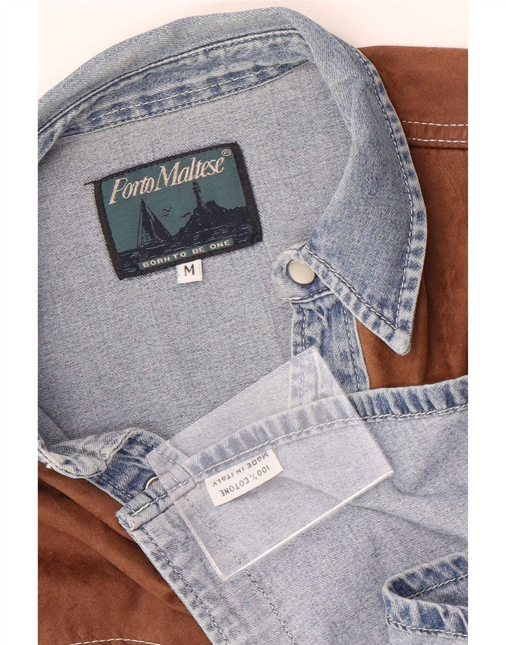Camicia di jeans western vintage da uomo in cotone color block blu medio