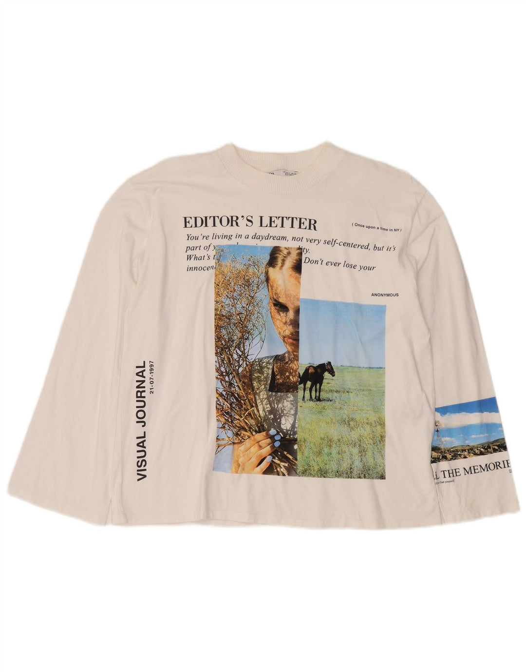 Top Zara da donna con grafica oversize a maniche lunghe UK 10 piccolo in cotone bianco