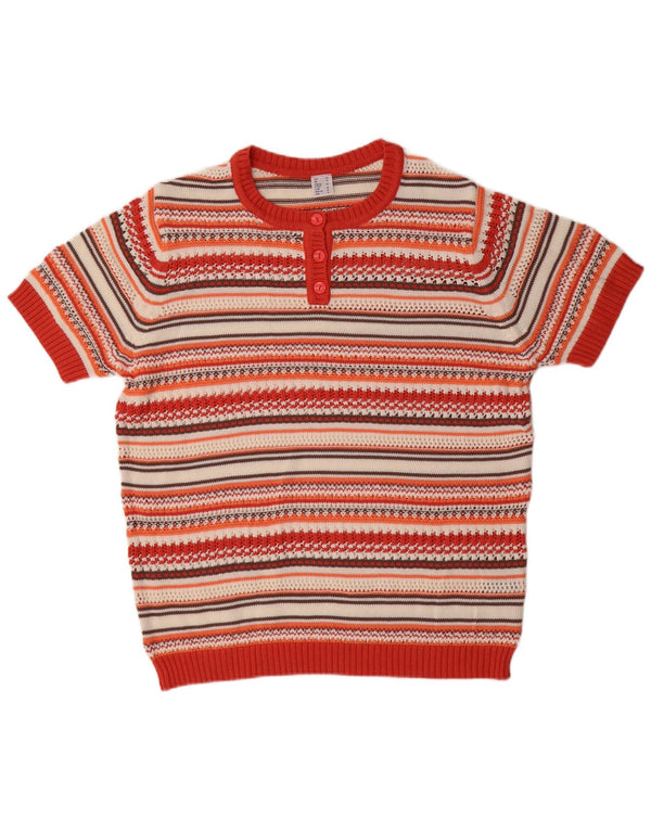 Maglione vintage da donna a maniche corte con collo e bottoni UK 18 XL a righe rosse