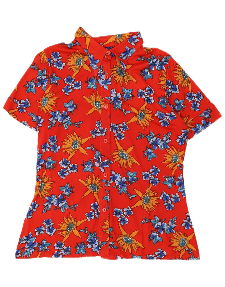 Camicia a maniche corte da donna vintage UK 12 rosso medio floreale