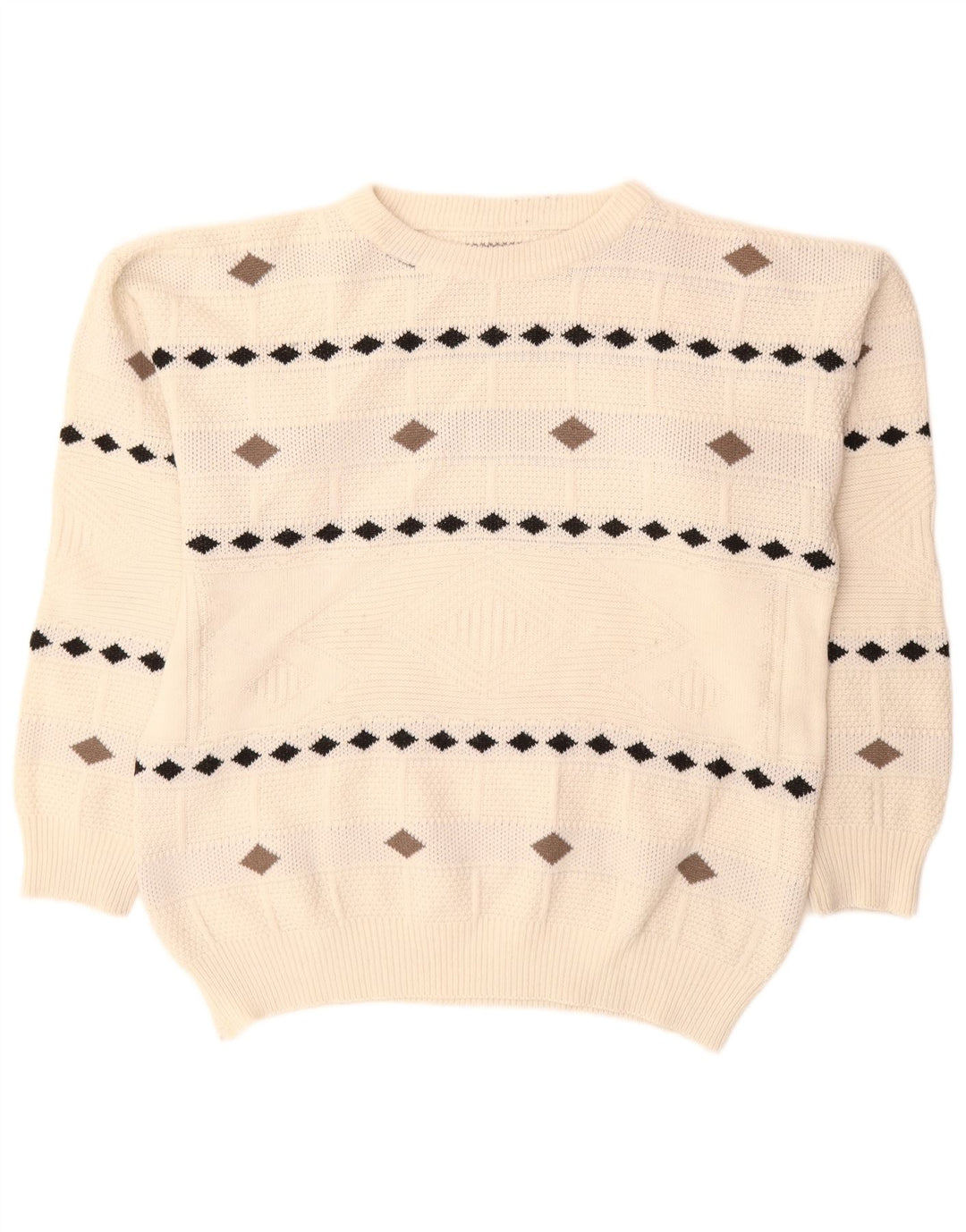 Maglione maglione girocollo vintage da uomo XL bianco a rombi/diamante