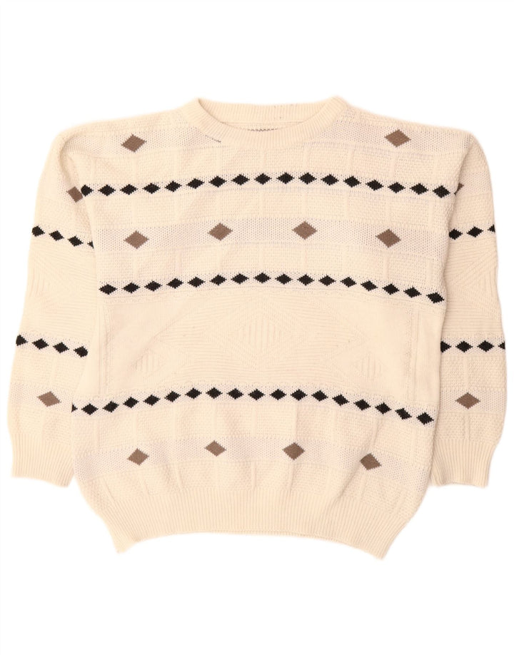 Maglione maglione girocollo vintage da uomo XL bianco a rombi/diamante