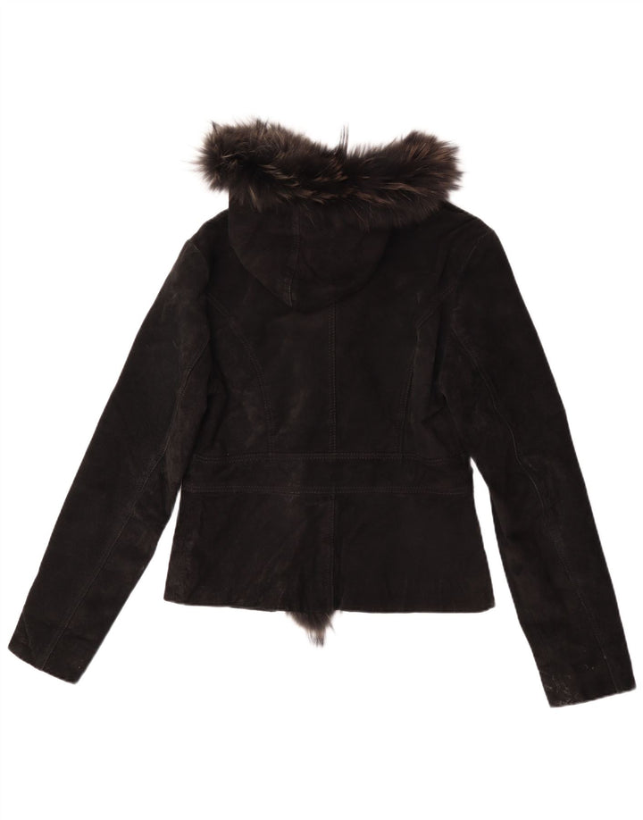 Giacca vintage in pelle scamosciata con cappuccio da donna UK 14 grande in pelle nera