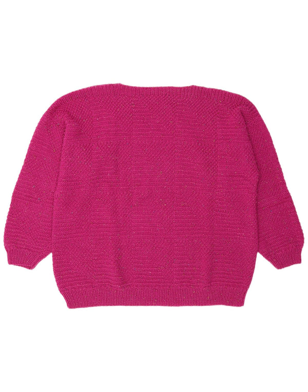 Maglione maglione vintage da donna con scollo a barca UK 20 2XL rosa geometrico