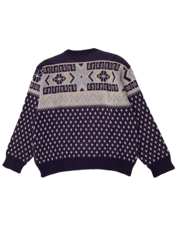 Vintage Mens Crew Neck Jumper Sweater Medium Navy Blue Geometric