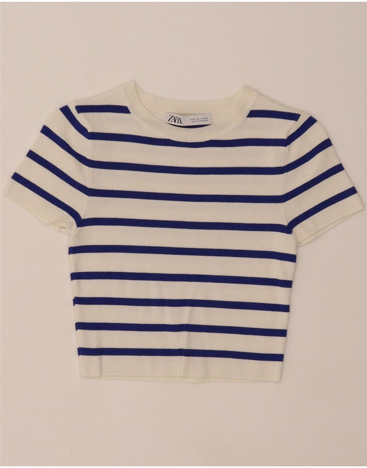 ZARA Womens Crop Top UK 12 Medium White Striped Vintage Zara and Second-Hand Zara from Messina Hembry 