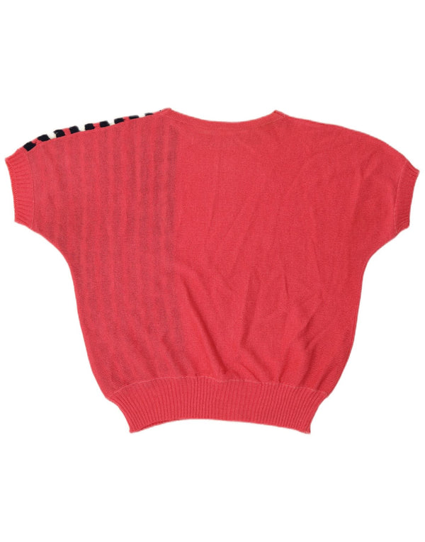 Maglione maglione girocollo da donna vintage UK 16 a righe grandi rosa