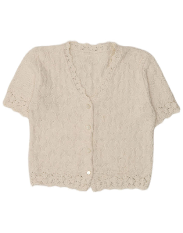 Maglione cardigan a maniche corte corto da donna vintage UK 12 cotone bianco medio