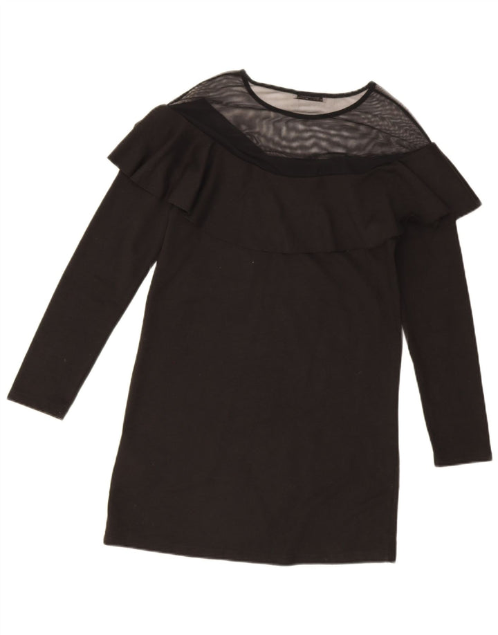 Abito a trapezio a maniche lunghe da donna Zara UK 10 piccolo poliestere nero