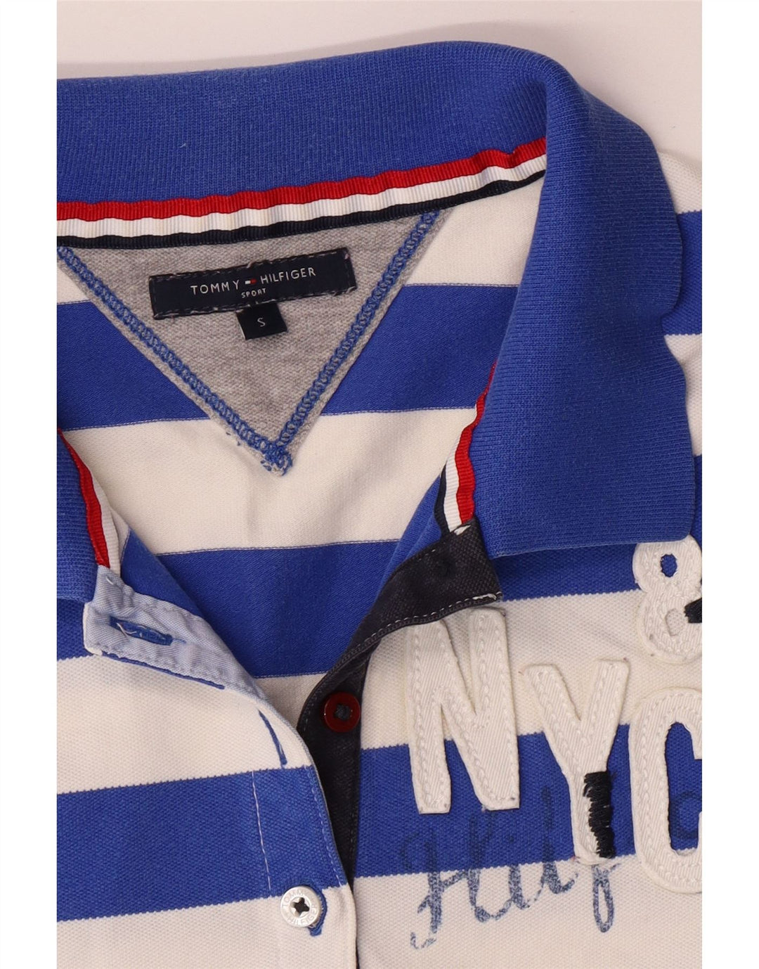 TOMMY HILFIGER Polo da rugby grafica da donna UK 10 piccola a righe blu