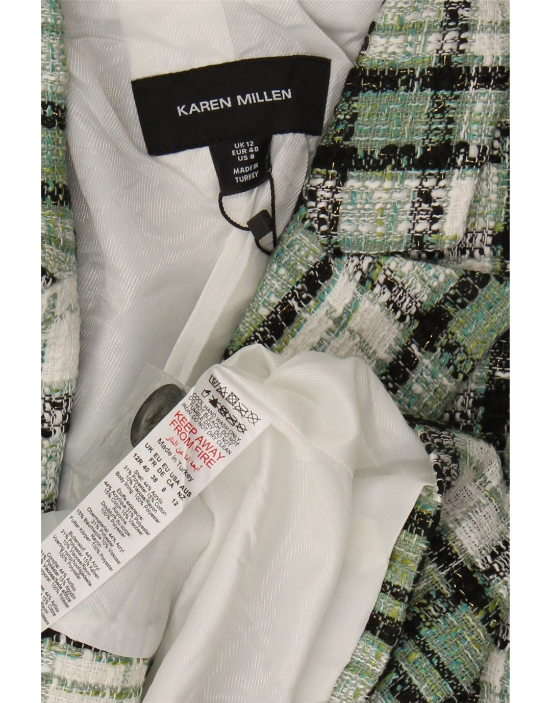 KAREN MILLEN Womens 1 Button Bolero Jacket UK 12 Medium Green Check
