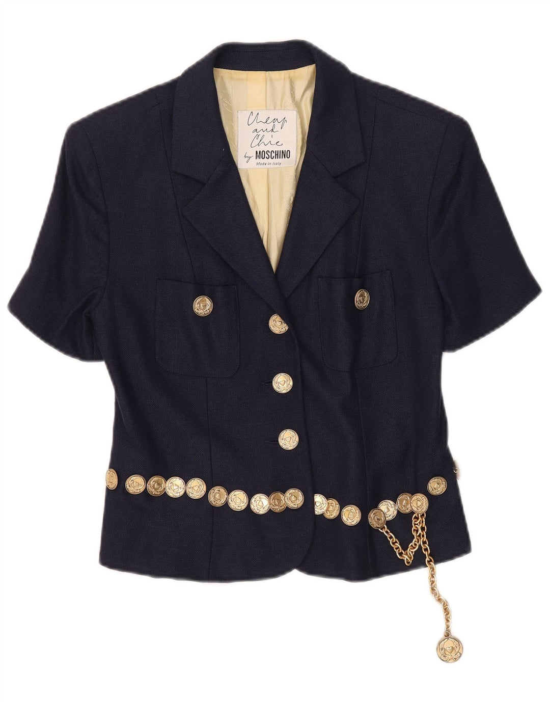 Giacca blazer a maniche corte a 3 bottoni da donna Moschino UK 14 grande blu navy