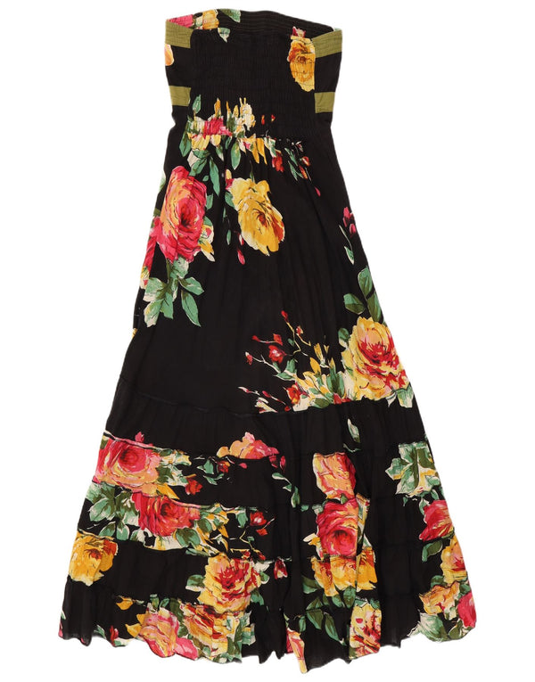 Abito maxi senza spalline da donna VINTAGE UK 14 cotone floreale nero medio