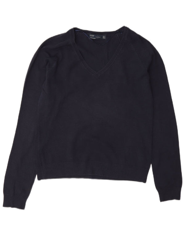 Maglione Zara da donna con scollo a V UK 14 grande cotone blu navy