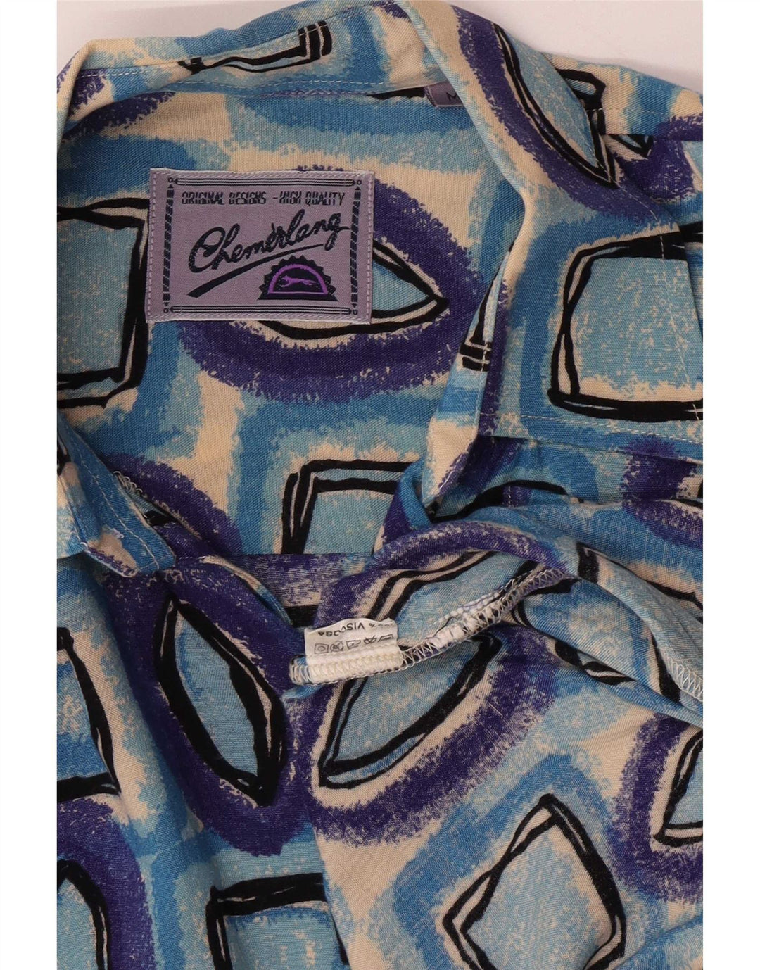 Camicia vintage da uomo a maniche corte in viscosa geometrica blu medio