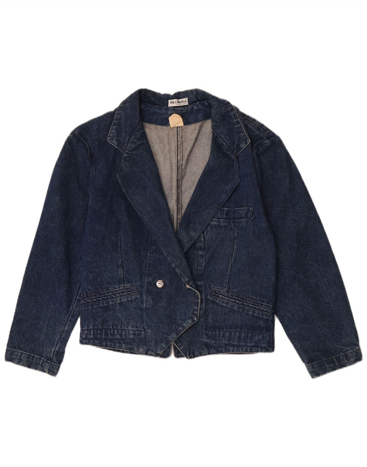 Giacca blazer in denim doppio petto vintage da donna UK 14 cotone blu medio