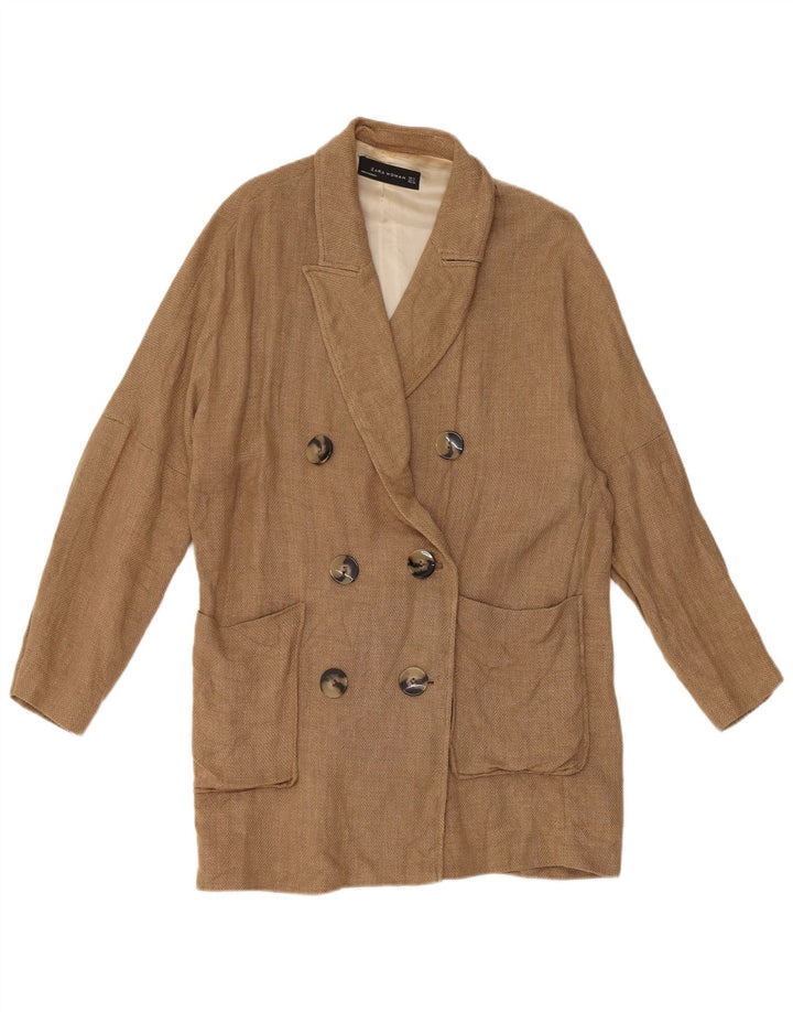Giacca blazer doppiopetto lunga da donna Zara UK 14 Lino marrone medio