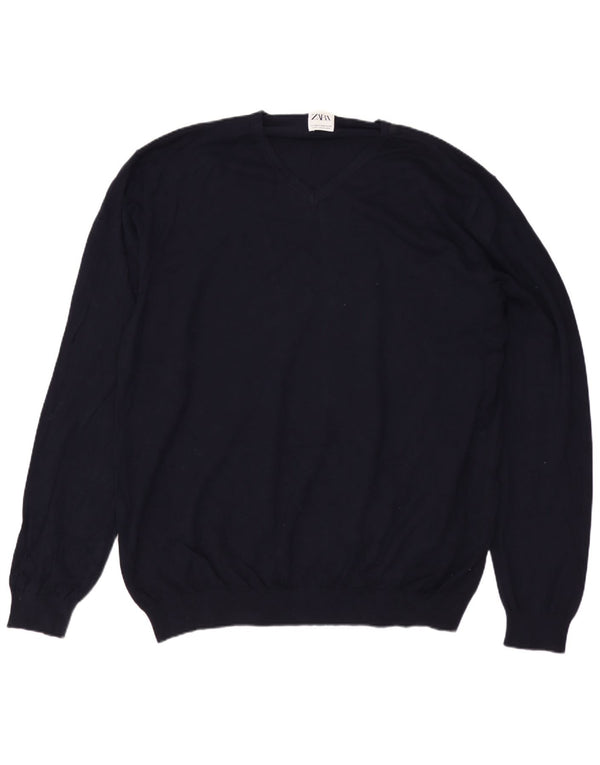 Maglione ZARA da Uomo con Scollo a V 2XL Blu Navy in viscosa