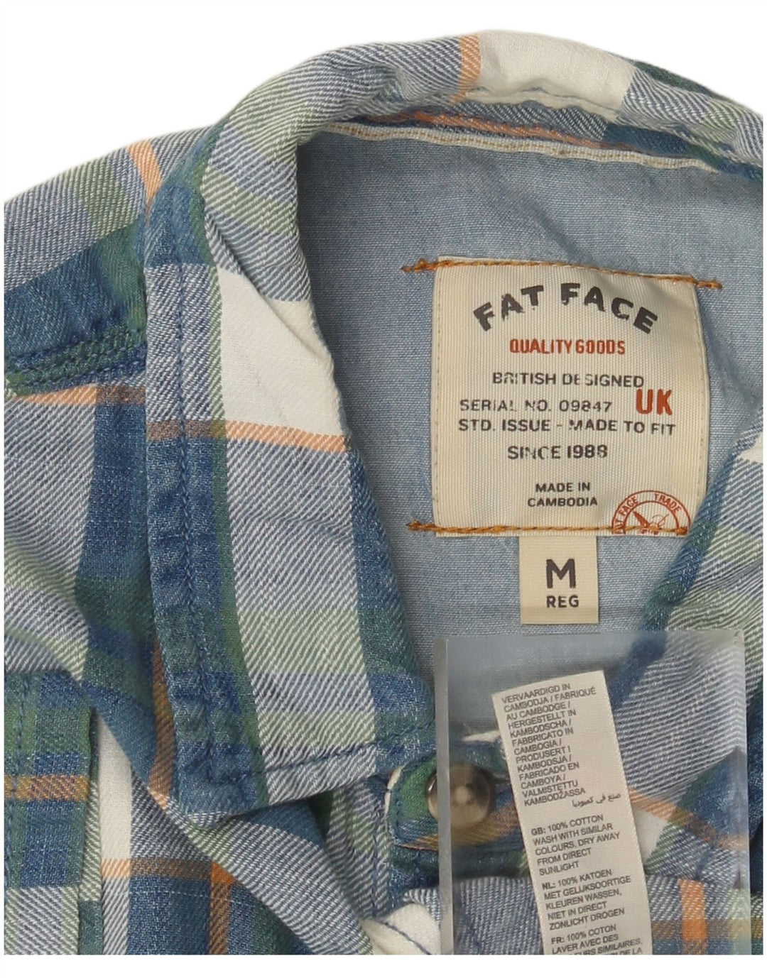 Fat Face Camicia da uomo in flanella a maniche corte in cotone a quadri blu medio