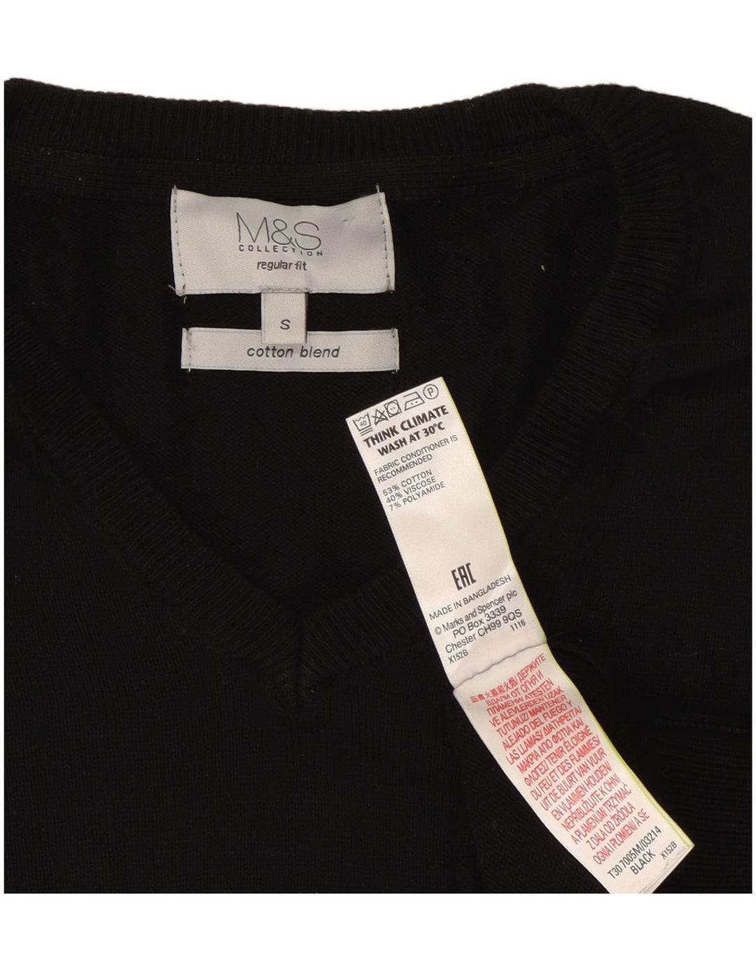 Maglione da uomo Marks & Spencer vestibilità regolare con scollo a V piccolo cotone nero