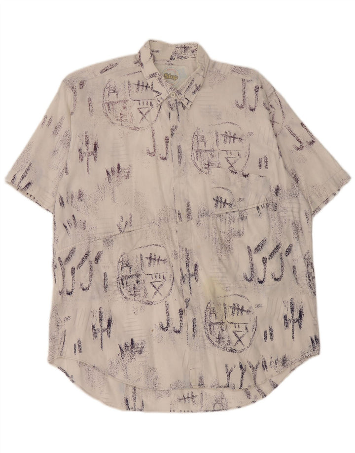 Camicia a maniche corte grafica vintage da uomo grande in cotone bianco
