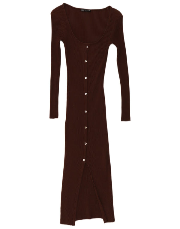Vestito aderente a maniche lunghe da donna Zara UK 8 piccolo in cotone marrone