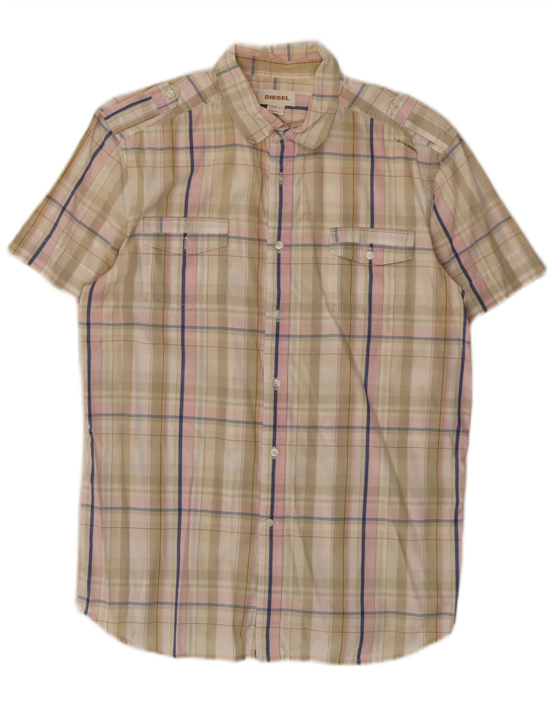 Diesel Camicia a maniche corte da uomo in cotone a quadri beige grande