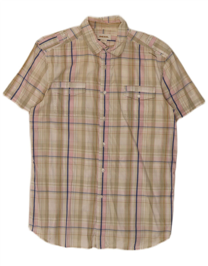 Diesel Camicia a maniche corte da uomo in cotone a quadri beige grande