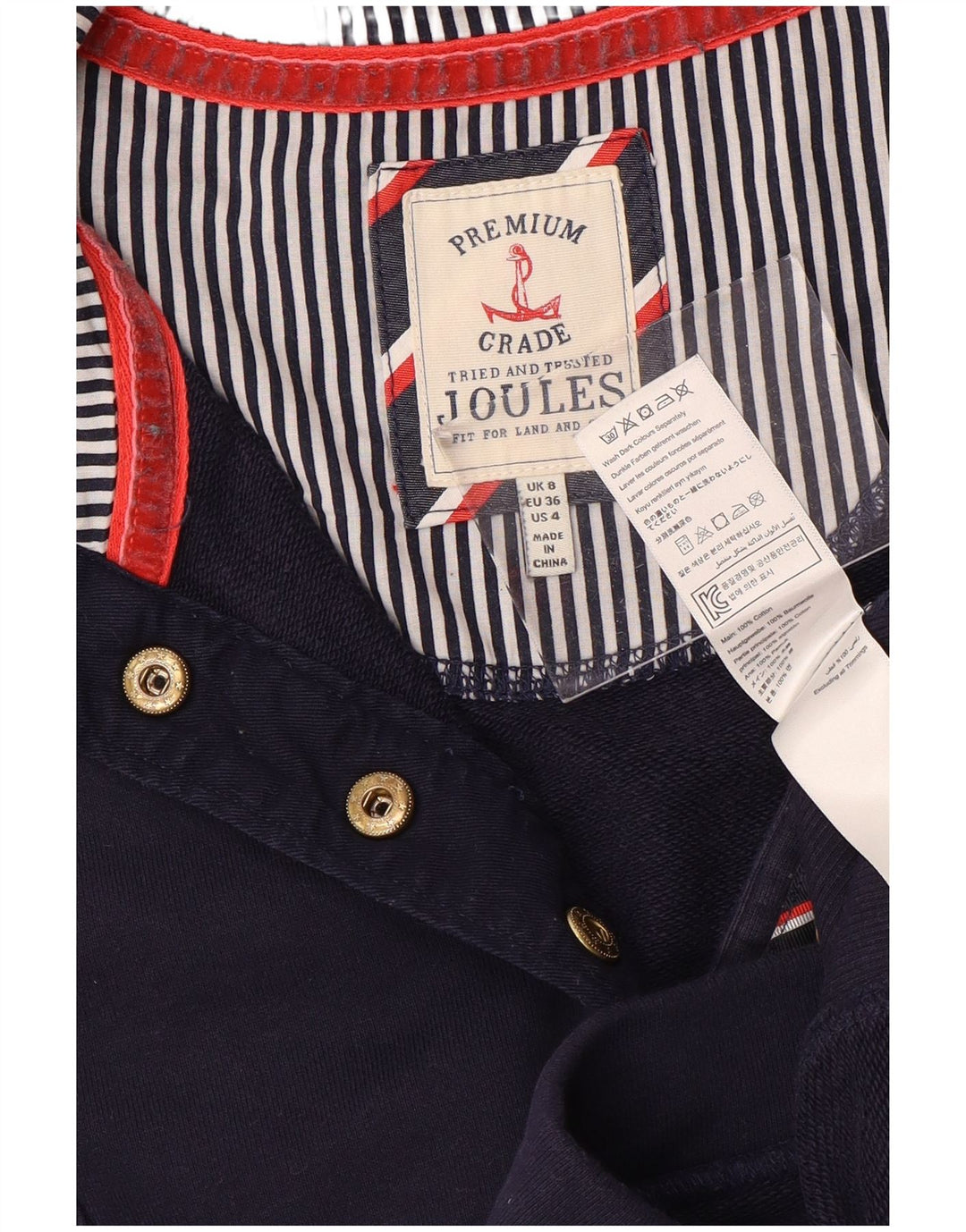 JOULES Felpa da donna con collo abbottonato, maglione UK 8, piccola, in cotone blu navy