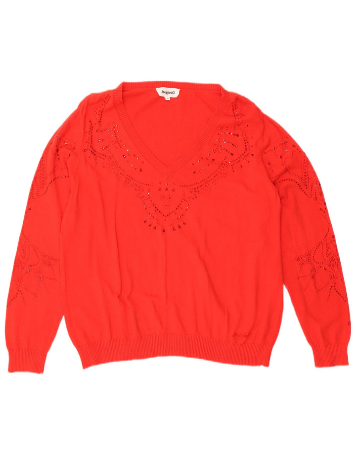 Desigual Donna Maglione Oversize con Scollo a V UK 10 Piccolo Rosso