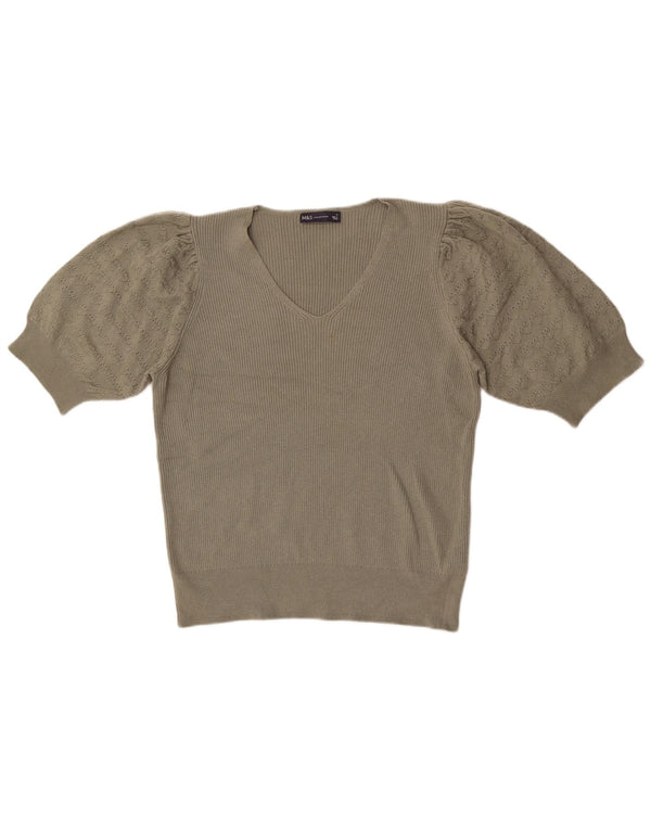 Maglione da donna Marks & Spencer a maniche corte con scollo a V UK 18 XL Cachi