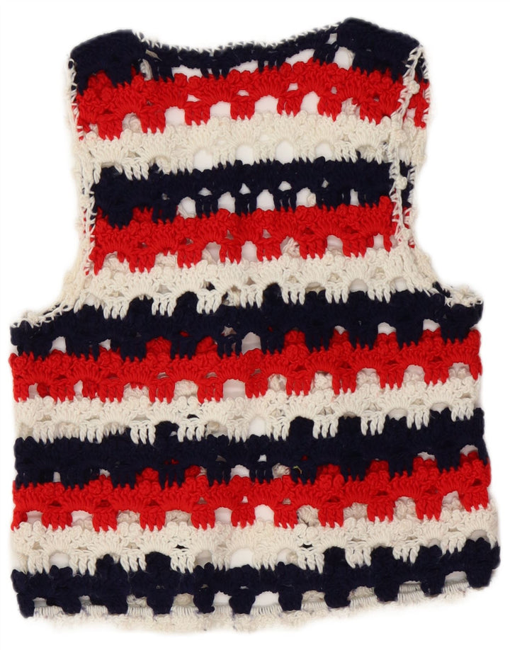 Maglione cardigan senza maniche vintage da donna UK 8 piccole righe multicolori