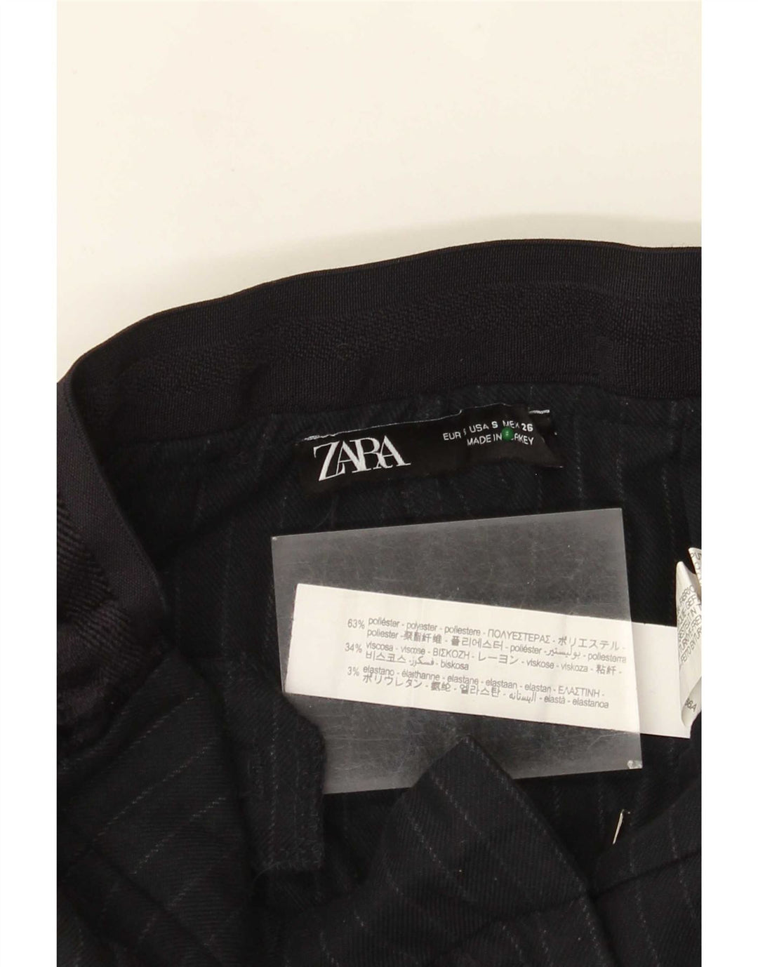 Pantaloni da abito slim da donna Zara piccoli W26 L27 poliestere gessato blu navy