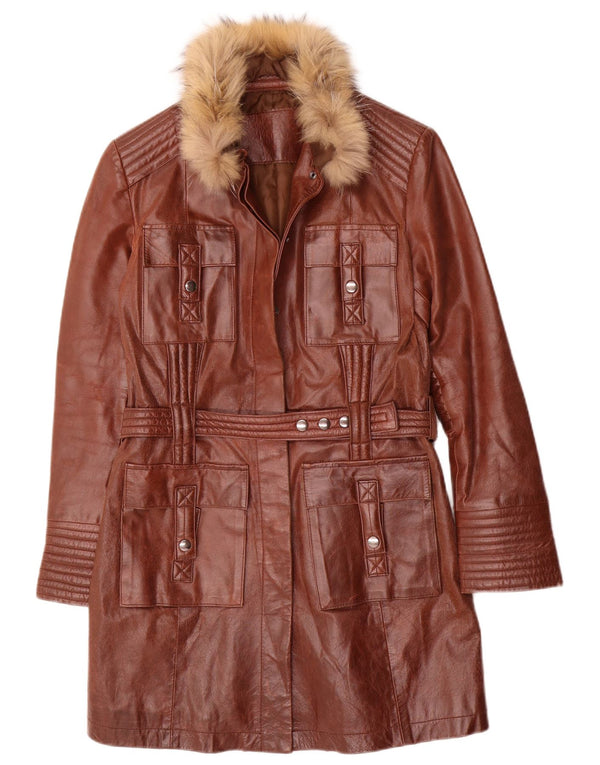 Vintage Womens Leather Coat UK 10 Small Brown