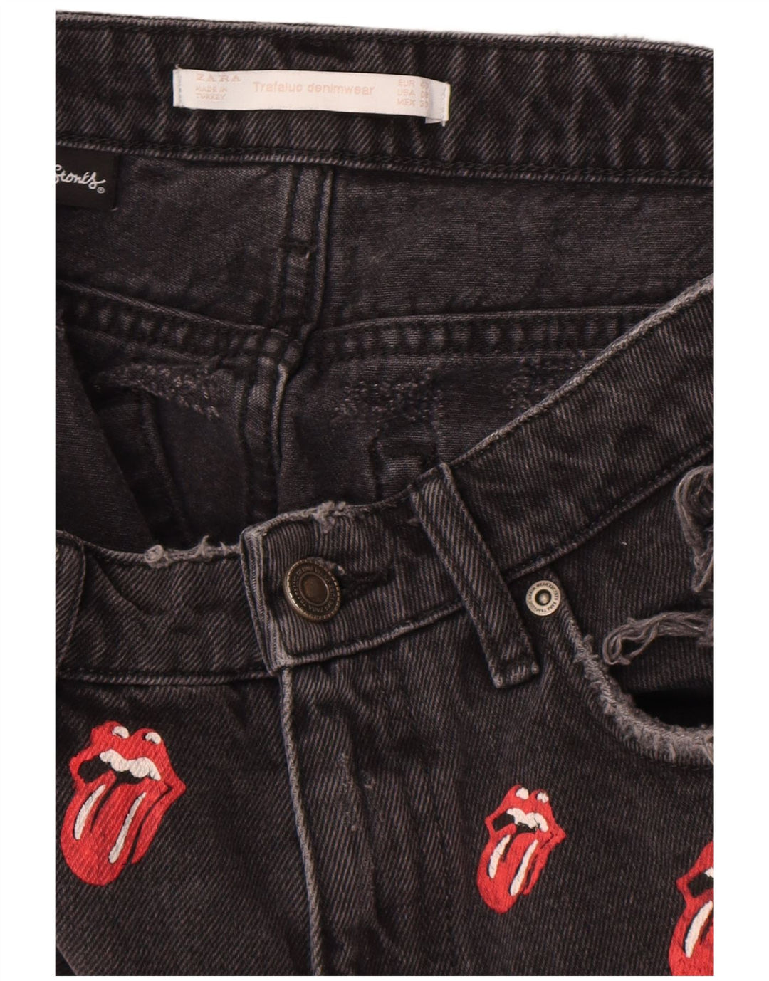 Pantaloncini in denim invecchiato con grafica Zara da donna EU 40 medi W30 neri