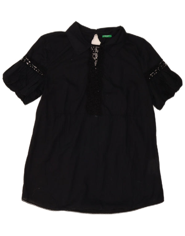 BENETTON Camicetta da donna Top UK 14 Grande cotone floreale nero