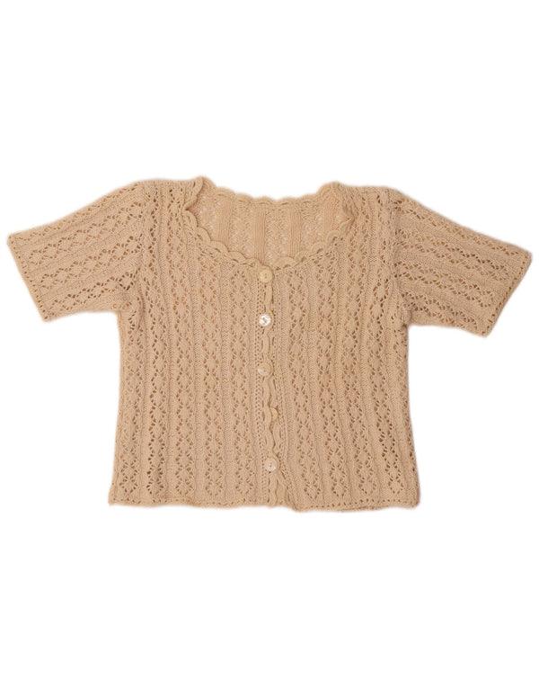 Maglione cardigan a maniche corte corto da donna vintage UK 10 piccolo beige