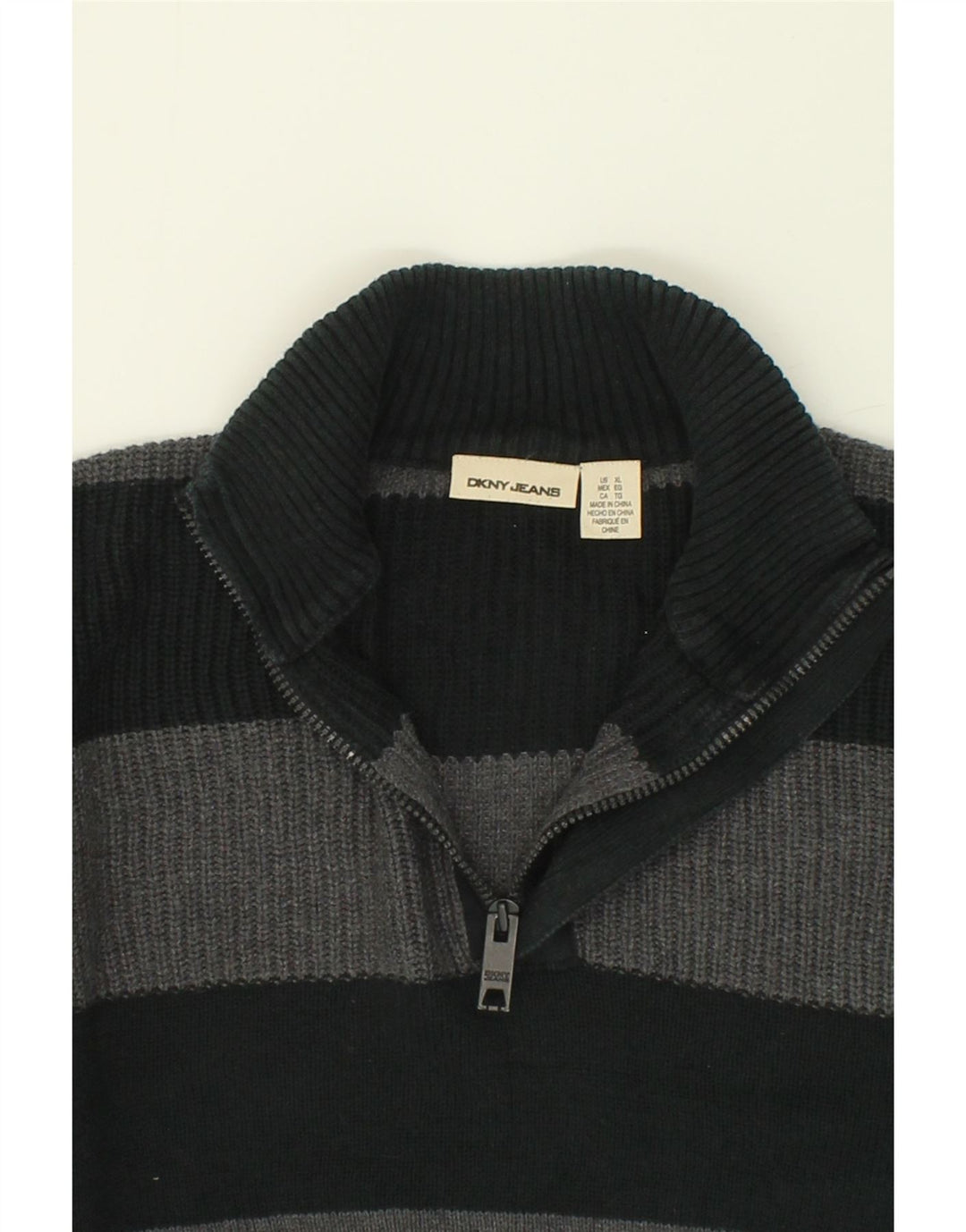 DKNY Mens Zip Neck Jumper Sweater XL Grey Striped Cotton Vintage Dkny and Second-Hand Dkny from Messina Hembry 