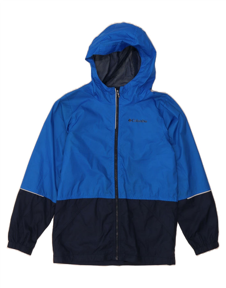 COLUMBIA Boys Hooded Rain Jacket 10-11 Years Medium Blue Colourblock Nylon Vintage Columbia and Second-Hand Columbia from Messina Hembry 