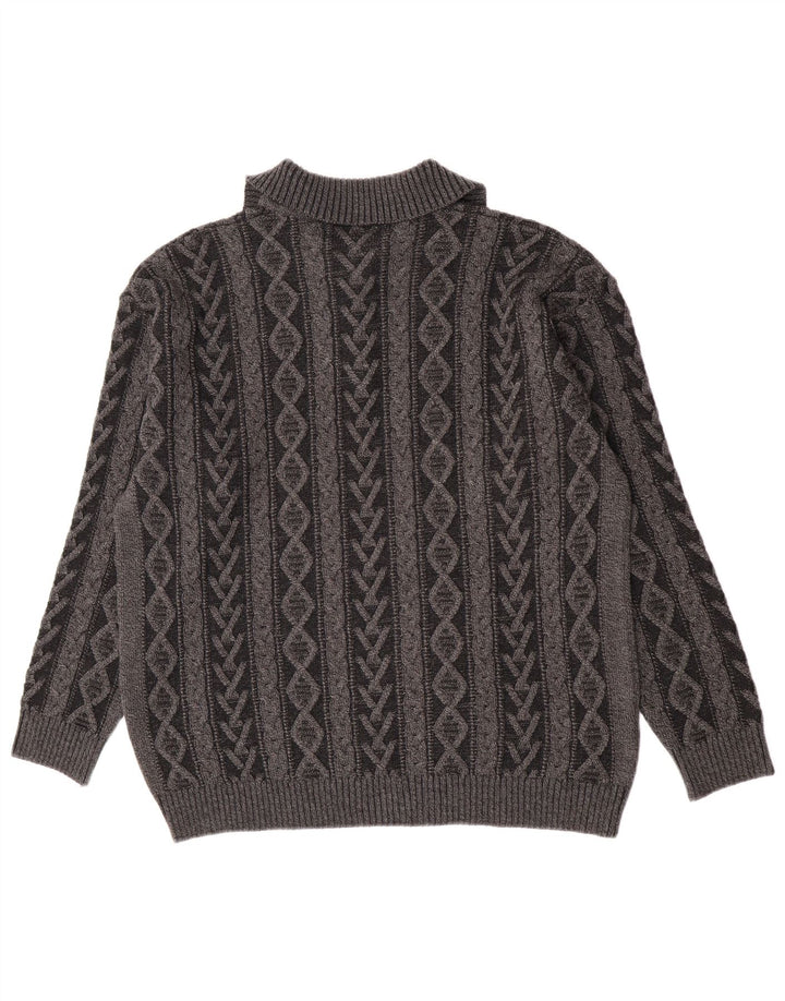 Maglione vintage da uomo con zip e collo IT 52 Lana geometrica grigia grande