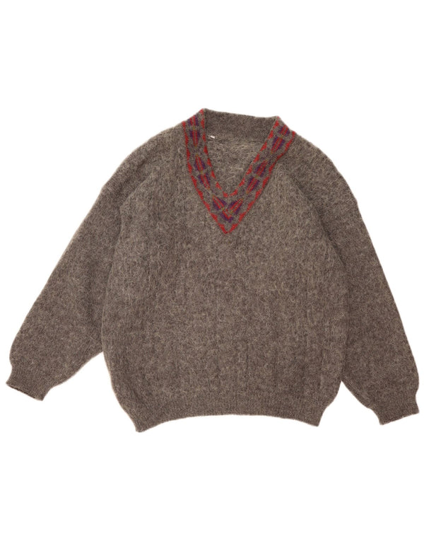 Maglione vintage da donna oversize con scollo a V UK 18 XL a righe grigie