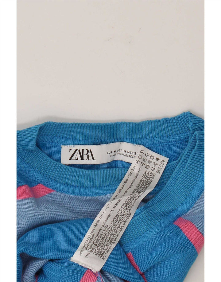 Canotta corta da donna Zara UK 12 Viscosa a righe blu medio