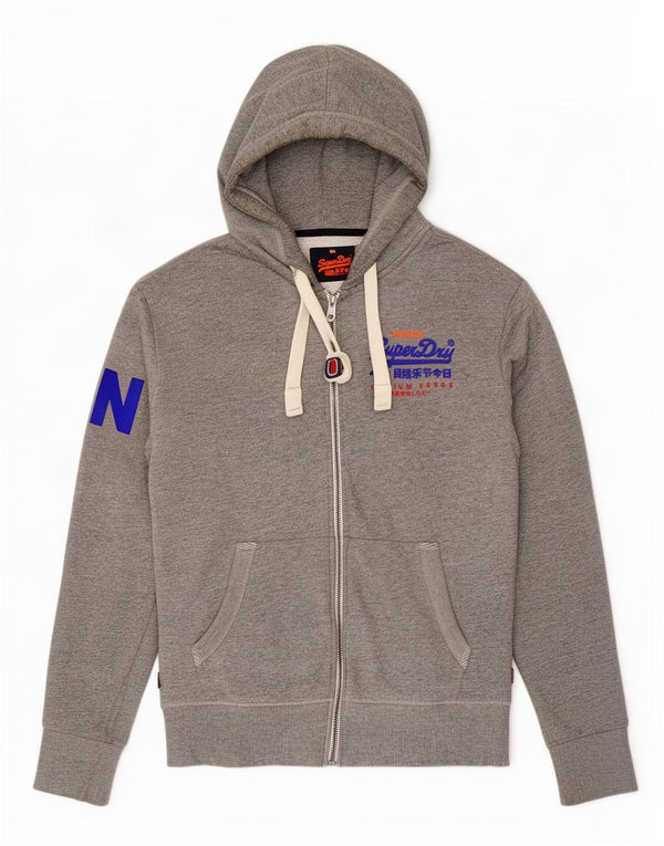 Maglione con cappuccio e zip grafica da uomo Superdry in cotone grigio medio